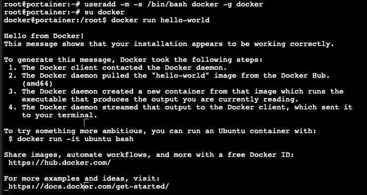 Setting up and testing the docker user