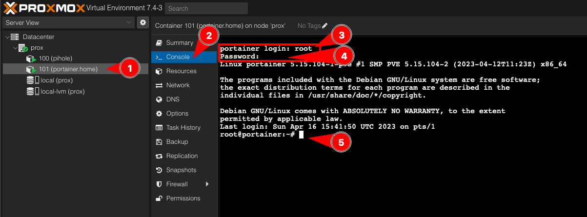 Logging in to the LXC console