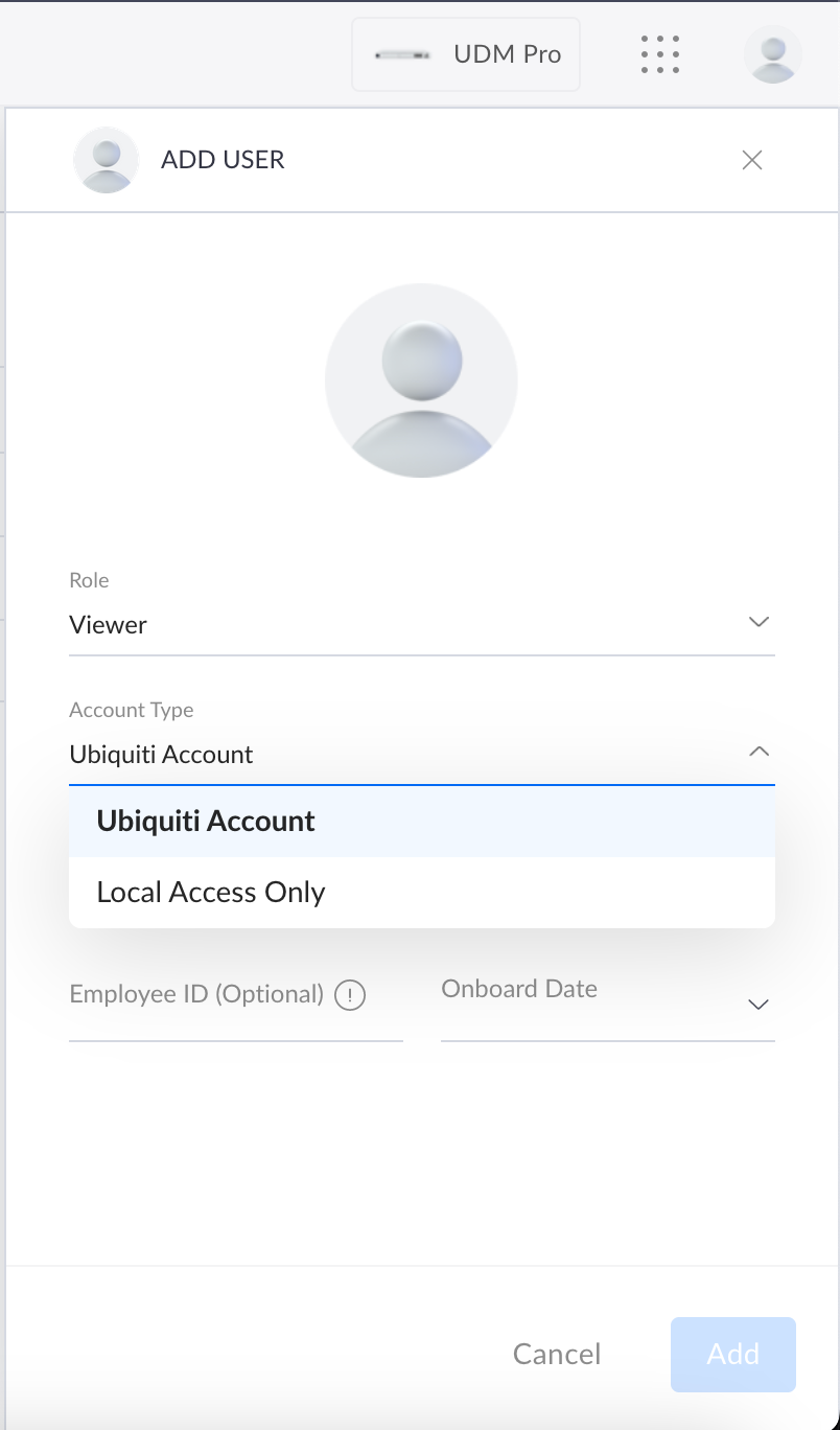 Different account types in the UniFi control panel